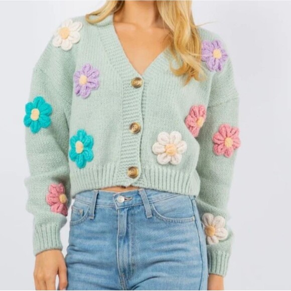 Anthropologie Sweaters - Luna Ivy x Anthropologie Cable Knit Cardigan Light Green w/Crotched Flowers Sz S